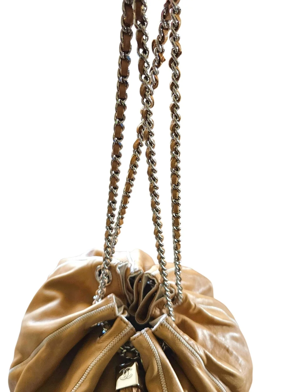Chanel Reversible Sac Cordon Tan Leather Fringe Drawstring Chain Shoulder Bag